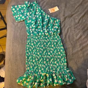 One shoulder green flower dress size S